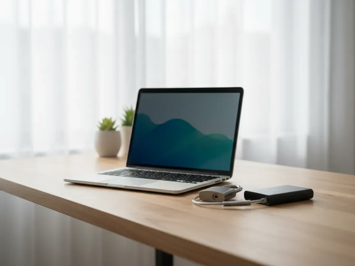 Open laptop, metallic padlock, and external hard drive on a clean wooden desk with soft natural light.